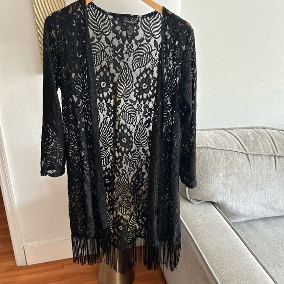 Sweaters - Black Lace Fringe WhimsyGoth Boho Grunge Festival Kimono Size L